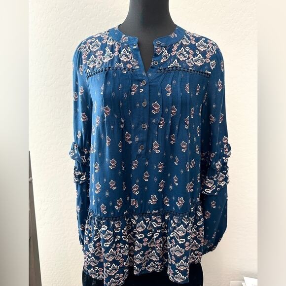KNOX ROSE | Blue Boho Floral Peasant Blouse Long Sleeve Ruffle Hem | Size Small - Picture 2 of 6
